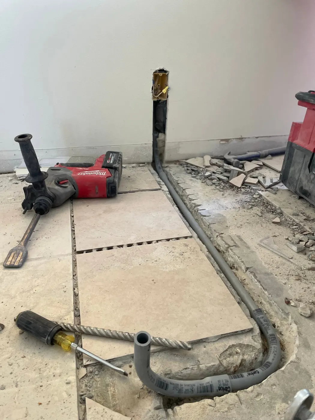 Flexible electrical conduit run for a new mini-split line set during a renovation
