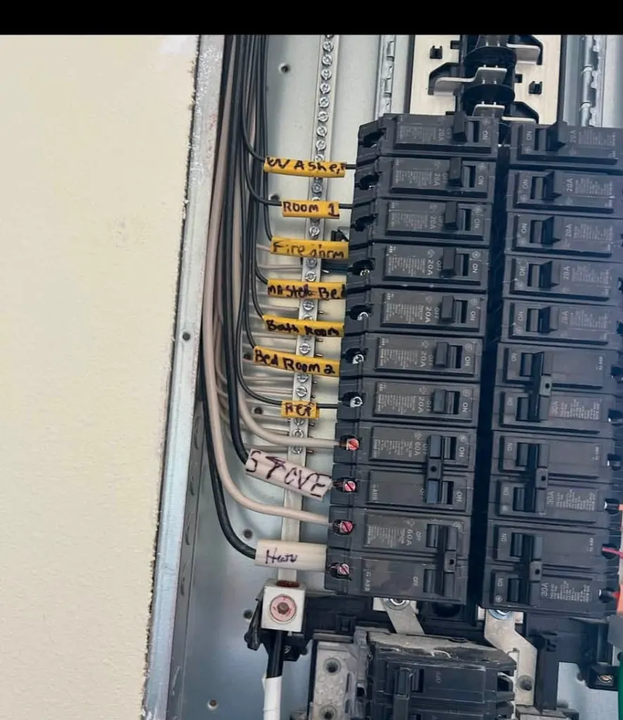 Older labeled electrical panel before service in South Louisiana